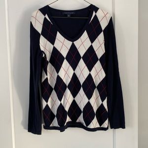 TOMMY HILFIGER cotton navy blend argyle v-neck sweater long sleeve  M